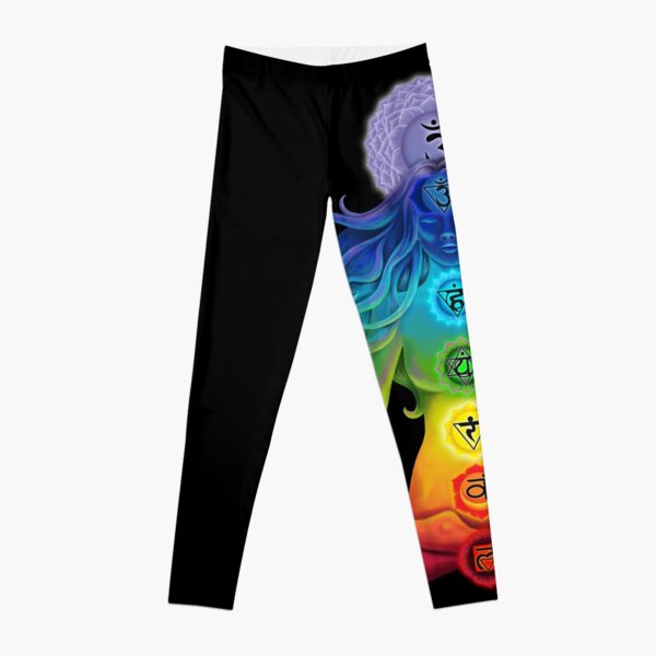 The illuminated woman with chakras in the lotus position Leggings