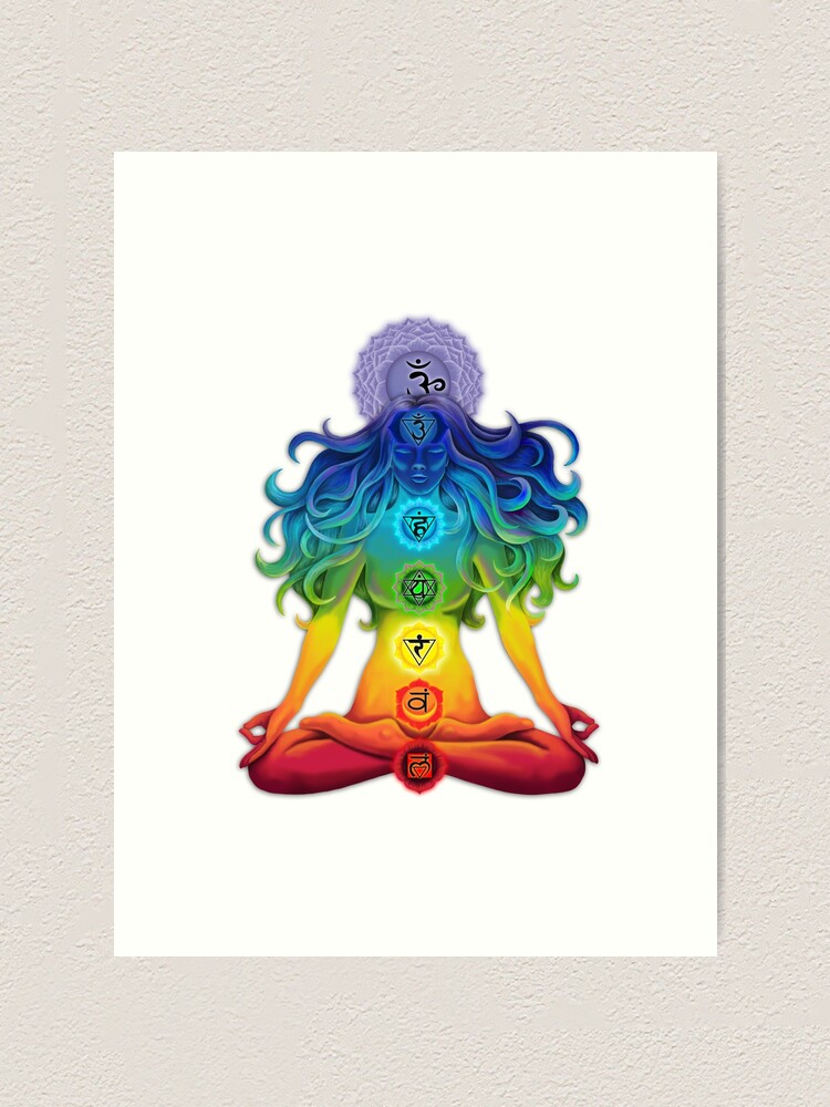 The Illuminated Woman With Chakras In The Lotus Position Art Print By Mandalasoul Redbubble