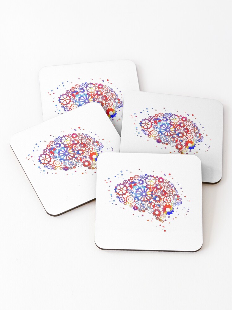 Human brain with clocks mechanism Brain brain anatomy watercolor Brain Brain print abstract Brain Coasters Set of 4