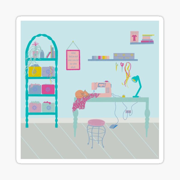 Item preview, Sewing Room with a sleeping cat. Sewing machine. designed and sold by ZoMoCreations.
