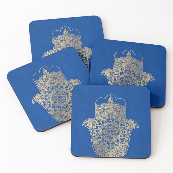 Item preview, golden morocco hamsa and mandala Marrakech pattern on blue indigo designed and sold by Bloomery Decor.