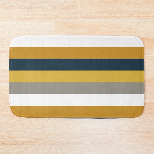 Broad Stripes Pattern in Light and Dark Mustard Yellow, Grey, White, and Navy Blue Bath Mat