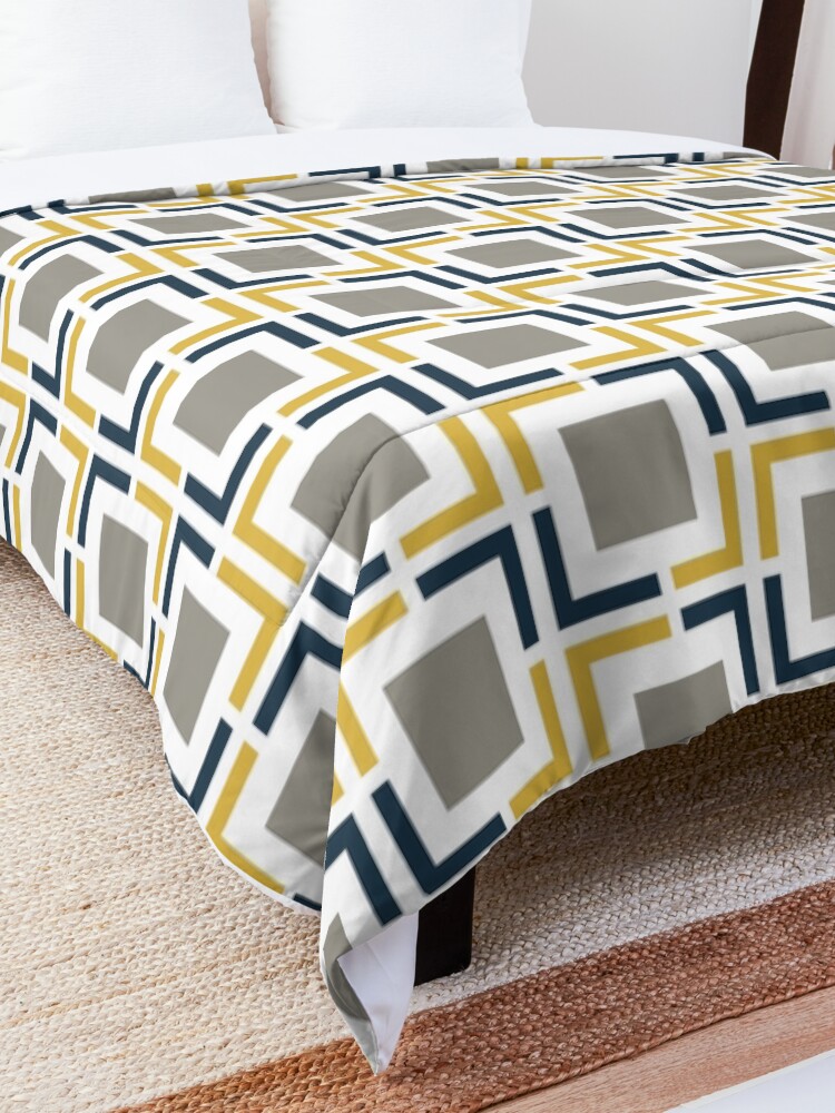 "Squared, Geometric Pattern in Light Mustard Yellow, Navy Blue, White