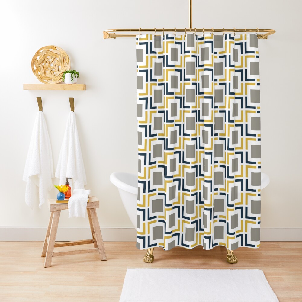"Squared, Geometric Pattern in Light Mustard Yellow, Navy Blue, White