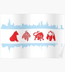 Chicago Flag with Logos and Skyline Poster Poster