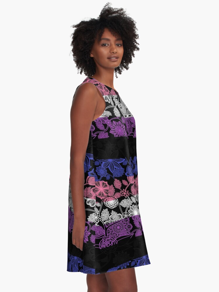 Alternate view of Flight Over Flowers of Fantasy - Genderfluid Pride Flag A-Line Dress