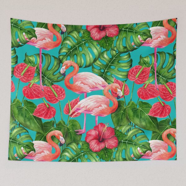 Item preview, Flamingo birds and tropical garden watercolor designed and sold by Katerina Mitkova Kirilova.