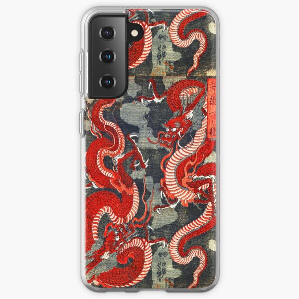 TWO DRAGONS JAPANESE WOODCUT IN RED BLACK WHITE Samsung Galaxy Soft Case