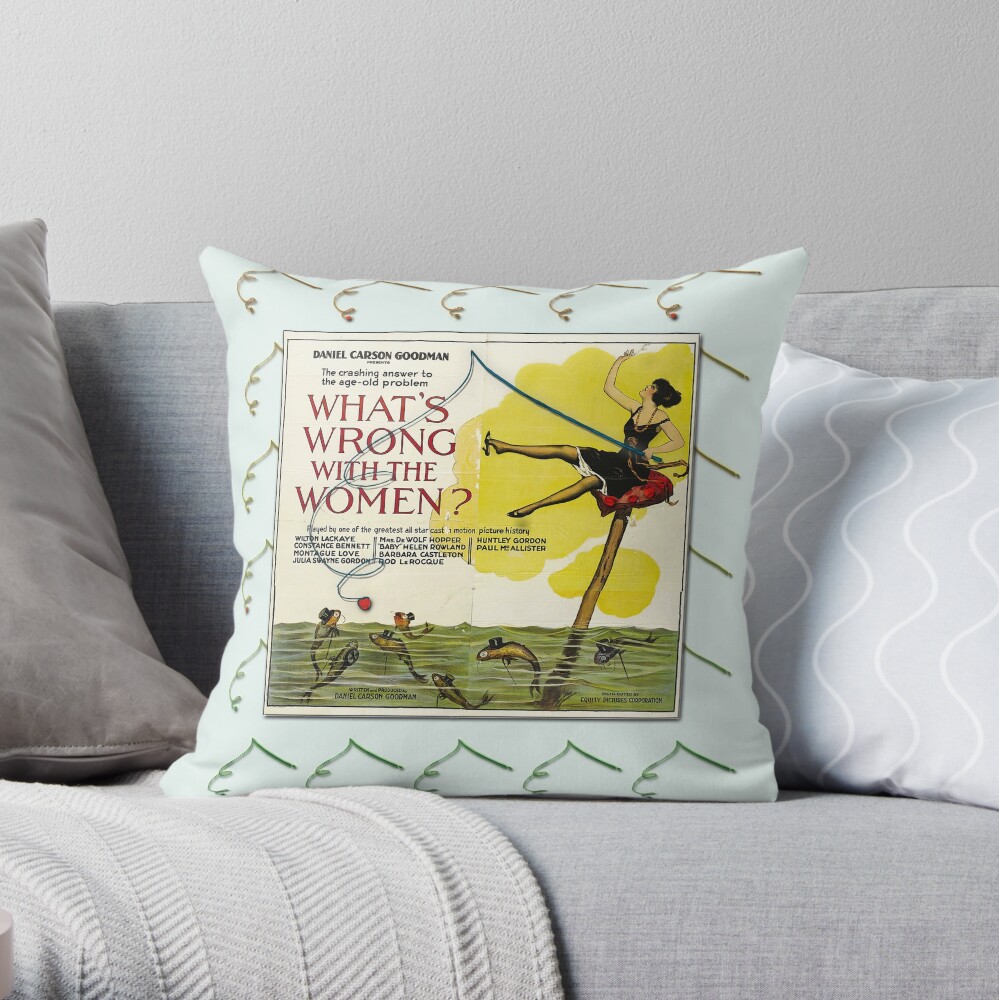 Vintage Fun Flapper Fishing Design Featuring 'What's Wrong With The Women?' Throw Pillow