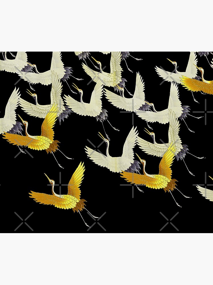 GOLD YELLOW WHITE FLYING CRANES IN BLACK Japanese Pattern by BulganLumini