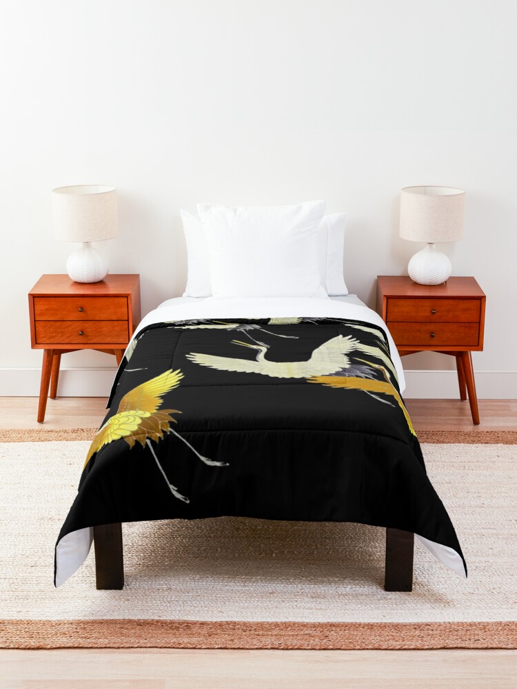 Alternate view of GOLD YELLOW WHITE FLYING CRANES IN BLACK Japanese Pattern Comforter