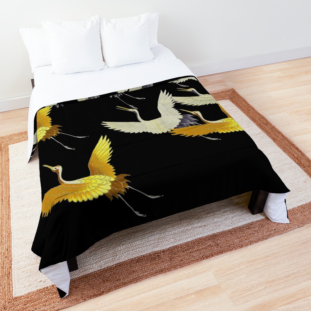 GOLD YELLOW WHITE FLYING CRANES IN BLACK Japanese Pattern Comforter