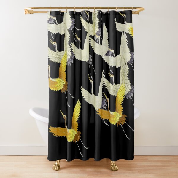 GOLD YELLOW WHITE FLYING CRANES IN BLACK Japanese Pattern Shower Curtain