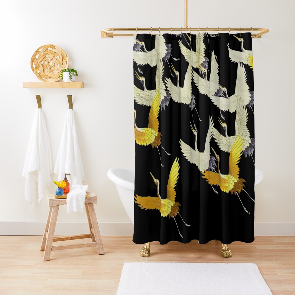 GOLD YELLOW WHITE FLYING CRANES IN BLACK Japanese Pattern Shower Curtain