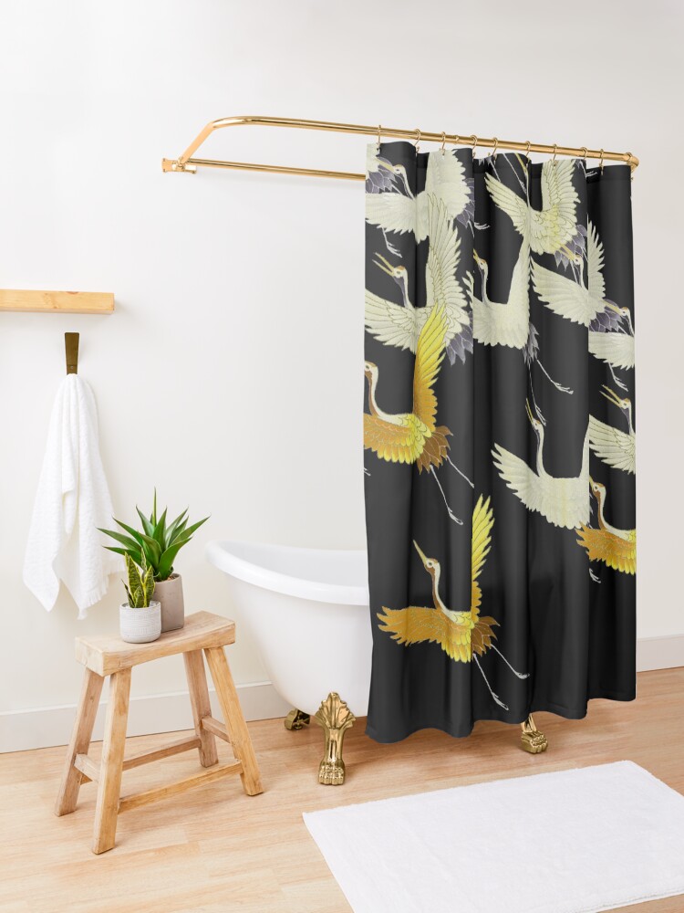 Alternate view of GOLD YELLOW WHITE FLYING CRANES IN BLACK Japanese Pattern Shower Curtain