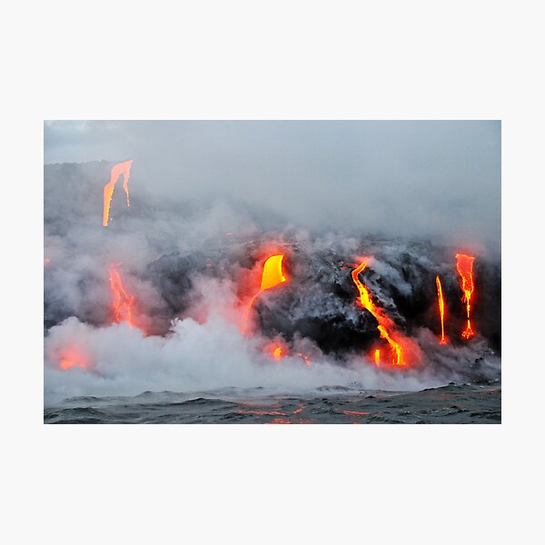 Steam rising off lava flowing into ocean, Kilauea Volcano, Hawaii Islands, United States Photographic Print
