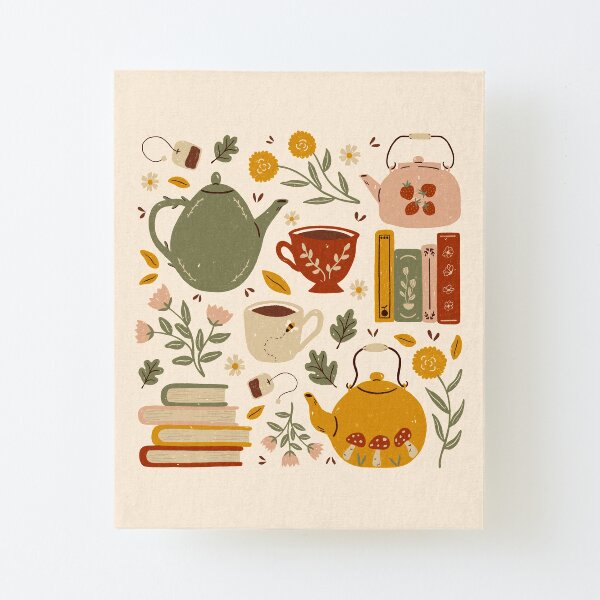 Flowery Books and Tea Canvas Mounted Print