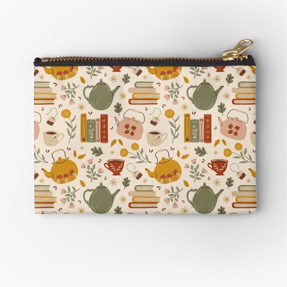 Flowery Books and Tea Zipper Pouch