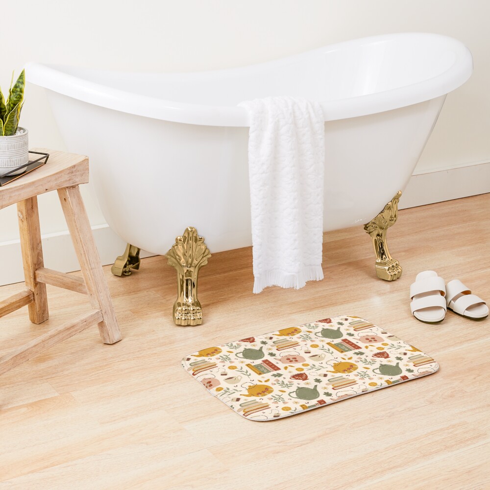 Flowery Books and Tea Bath Mat