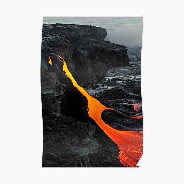Steam rising off lava flowing into ocean, Kilauea Volcano, Hawaii Islands, United States Poster