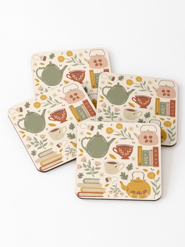 Thumbnail 1 of 5, Coasters (Set of 4), Flowery Books and Tea designed and sold by ohjessmarie.