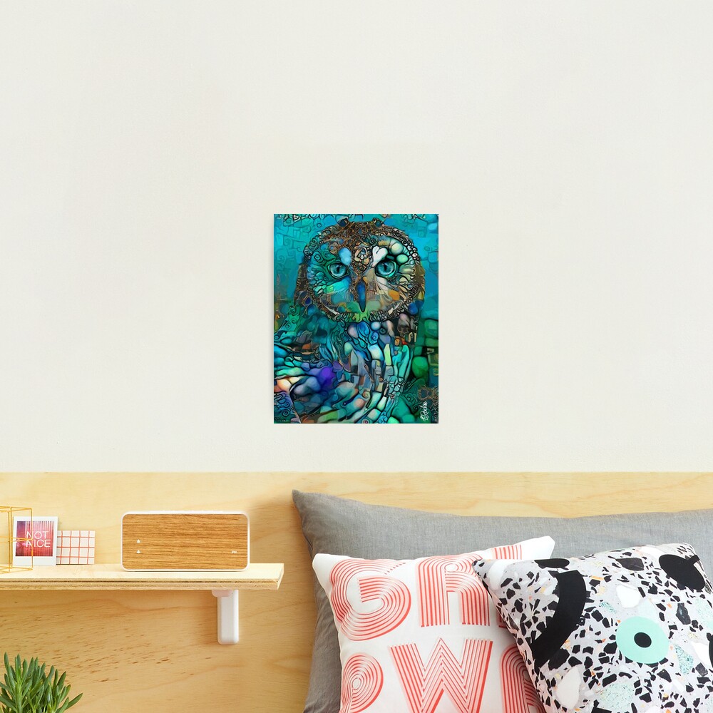 Green night - Lea Roche paintings - Owl, owl, hibou, chouette, bird, oiseau Photographic Print