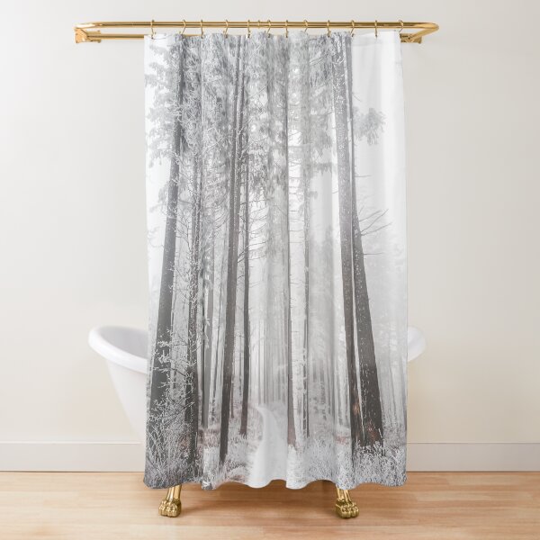 Mysterious road in a frozen foggy forest Shower Curtain