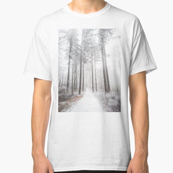 Mysterious road in a frozen foggy forest Classic T-Shirt