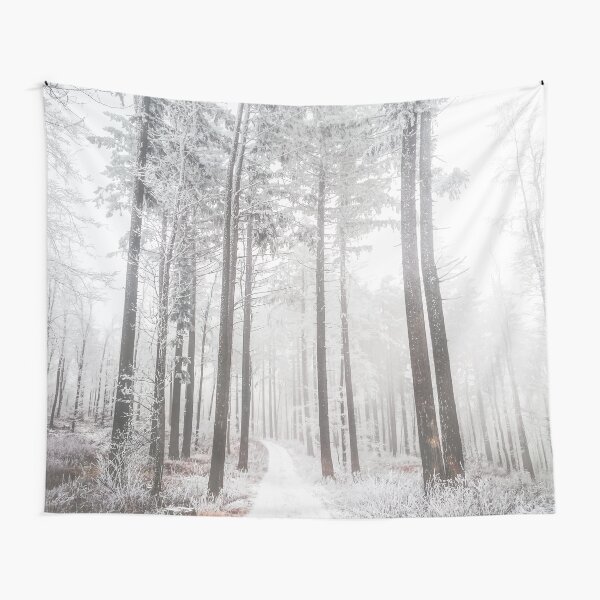 Mysterious road in a frozen foggy forest Tapestry