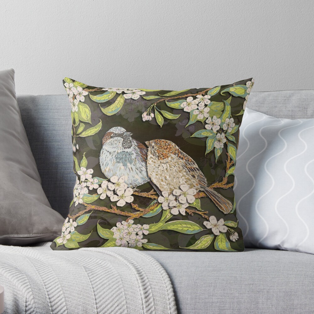Sparrows in the Plum Tree Throw Pillow