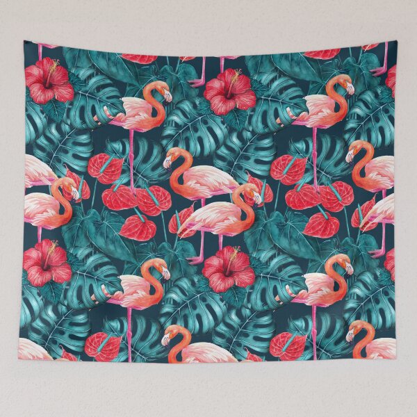 Item preview, Flamingo birds and tropical garden watercolor 2 designed and sold by Katerina Mitkova Kirilova.