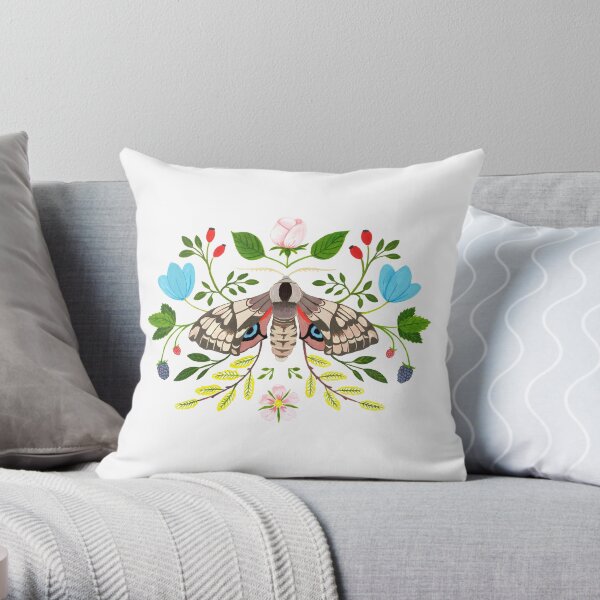 Moth with Berries and Rosehip Throw Pillow