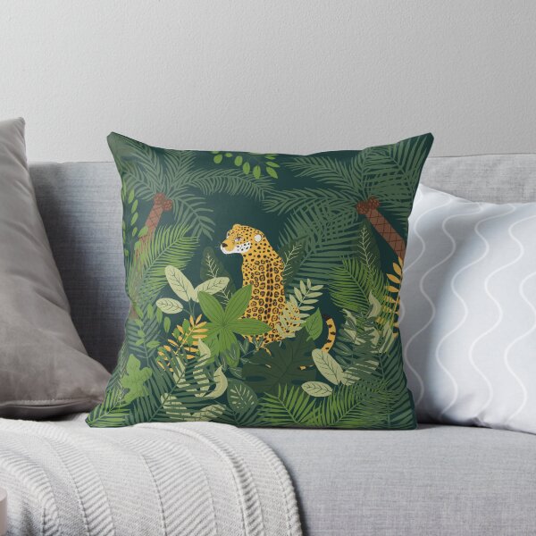 Jaguar in a Jungle on Green Throw Pillow