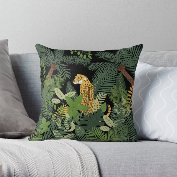 Jaguar in a Jungle on Black Throw Pillow