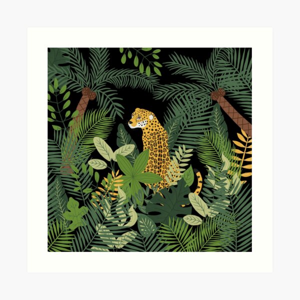 Jaguar in a Jungle on Black Art Print
