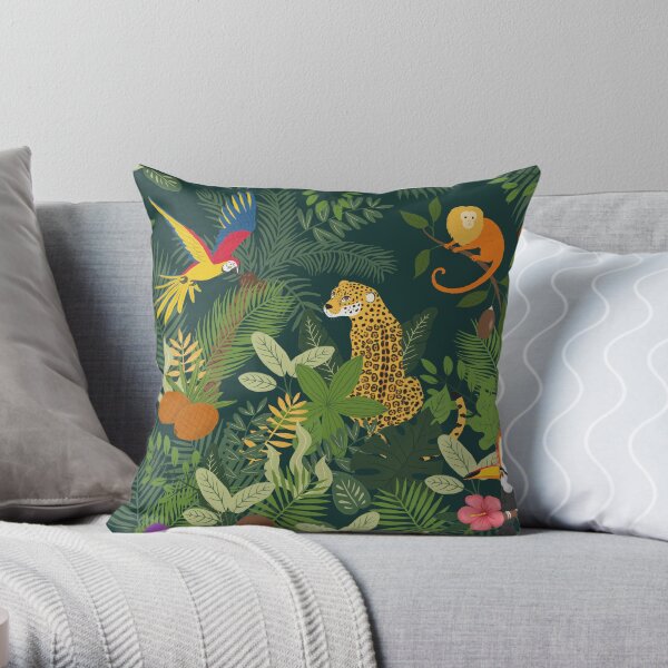 Amazon Jungle on Green Throw Pillow