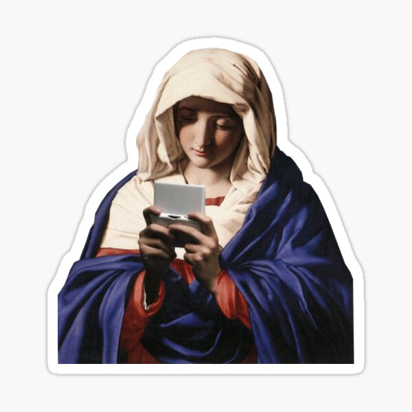 Vista previa del artículo con la obra «Virgen María jugando Gameboy», diseñado y vendido por idkco.