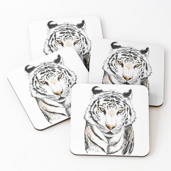 Item preview, White Tiger Guardian in ink and gold designed and sold by MandalaSoul.