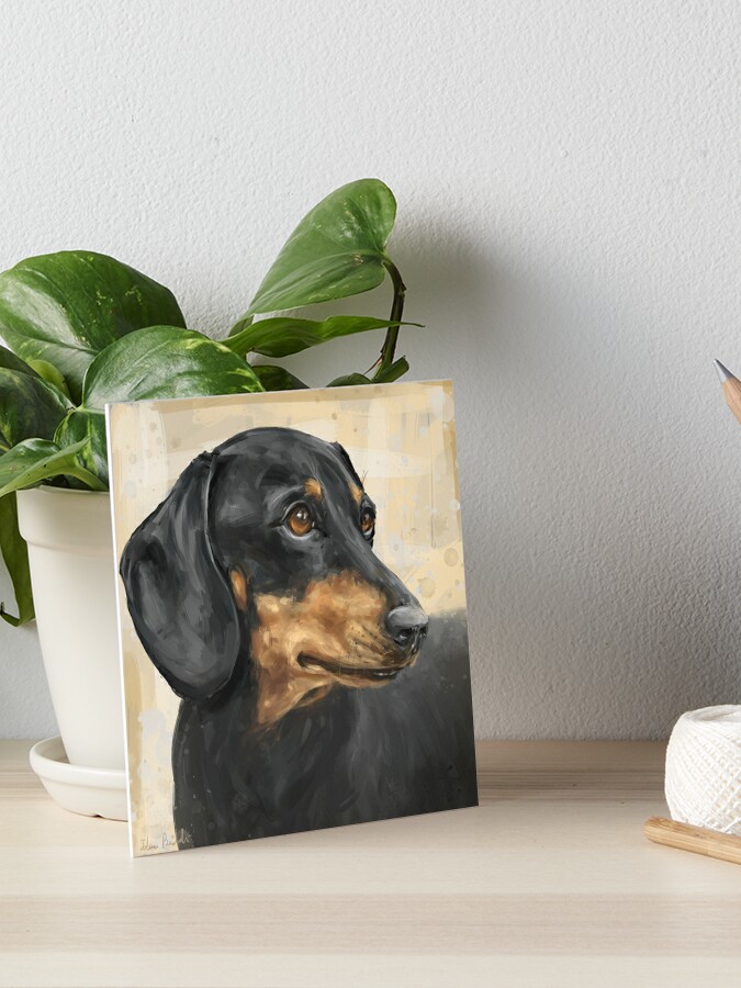 Painting of a Dachshund with Black and Gold Coat, on Beige Background