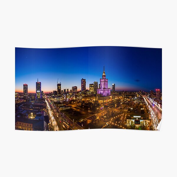 Warsaw city center at dusk aerial view Poster