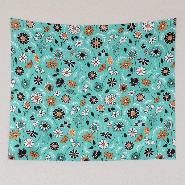 Item preview, Cute Ditsy Flowers // Orange, Turquoise Blue, Teal, Black, White designed and sold by Elsy's Art.