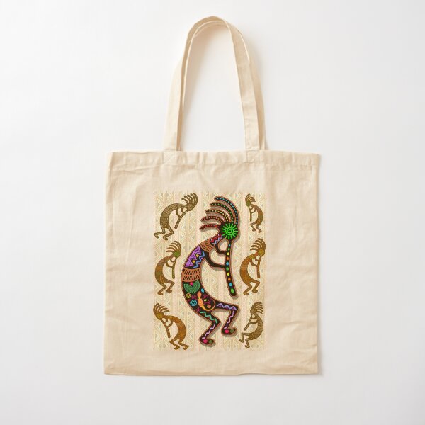 Kokopelli Rainbow Colors on Tribal Pattern Cotton Tote Bag