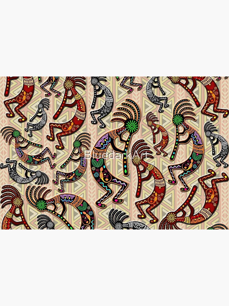 Kokopelli Rainbow Colors on Tribal Pattern by BluedarkArt