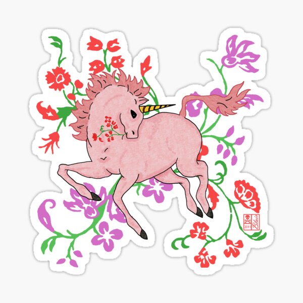 Pretty Fantasy Pink Unicorn Horse in Flowers Sticker