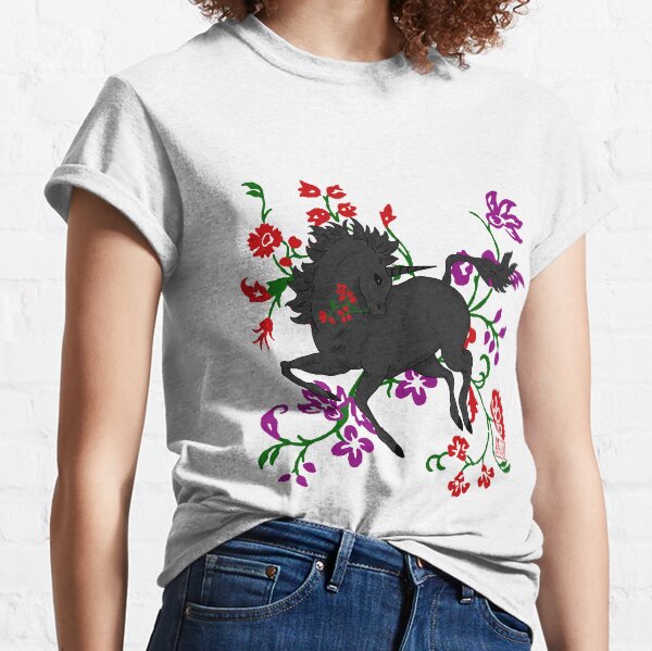 Goth Fantasy Black Unicorn Horse in Flowers Classic T-Shirt