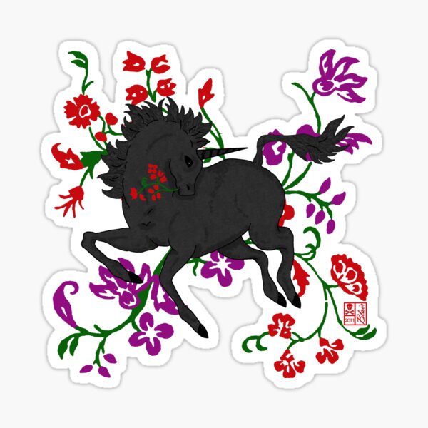 Goth Fantasy Black Unicorn Horse in Flowers Sticker