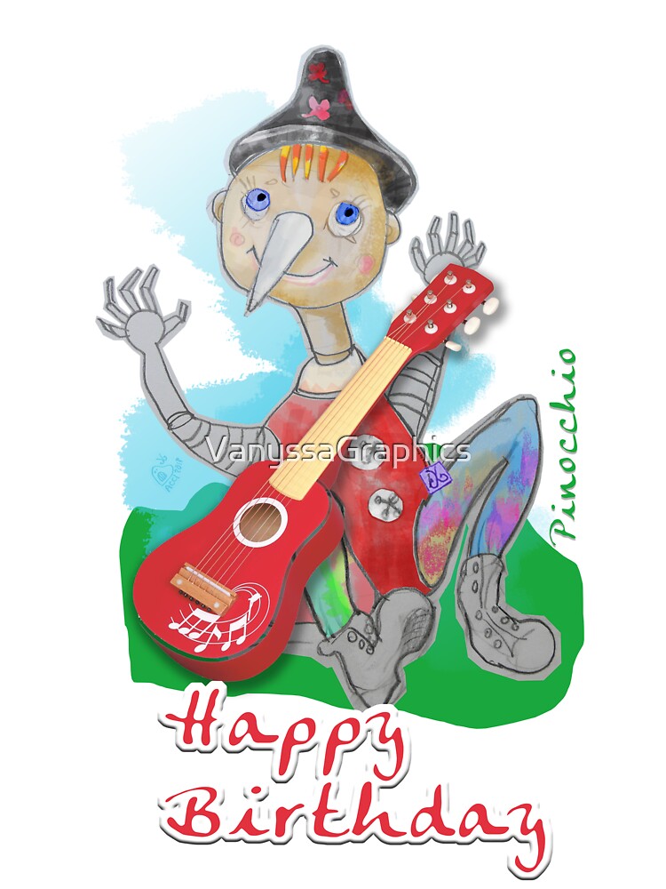 T Shirt Enfant Joyeux Anniversaire Jouer Du Bois Pinocchio Avec Une Guitare Rouge Dessin Original Par Acci Par Vanyssagraphics Redbubble