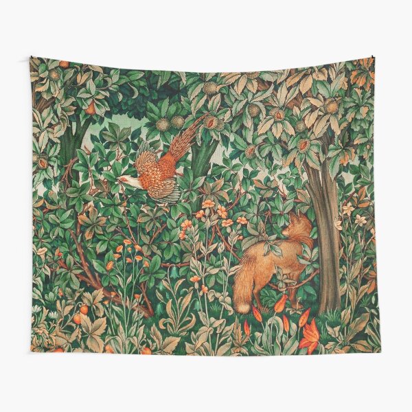 GREENERY, FOREST ANIMALS Pheasant and Fox Red Blue Green Floral Tapestry Tapestry