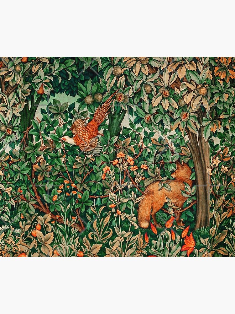 GREENERY, FOREST ANIMALS Pheasant and Fox Red Blue Green Floral Tapestry by BulganLumini