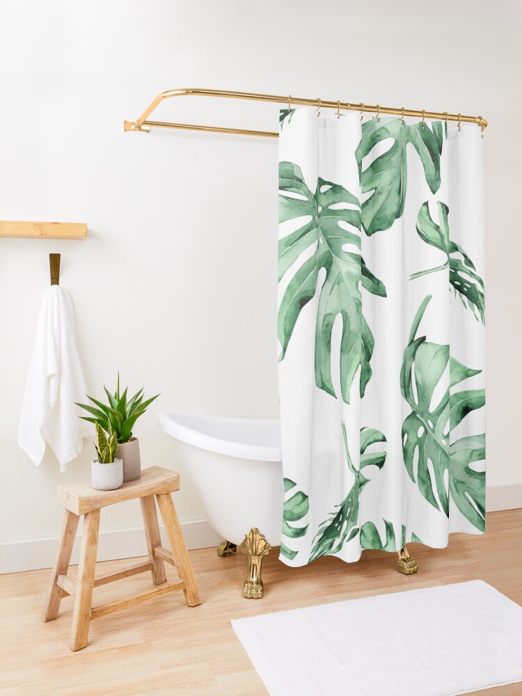 Alternate view of Monstera Pattern Green Shower Curtain